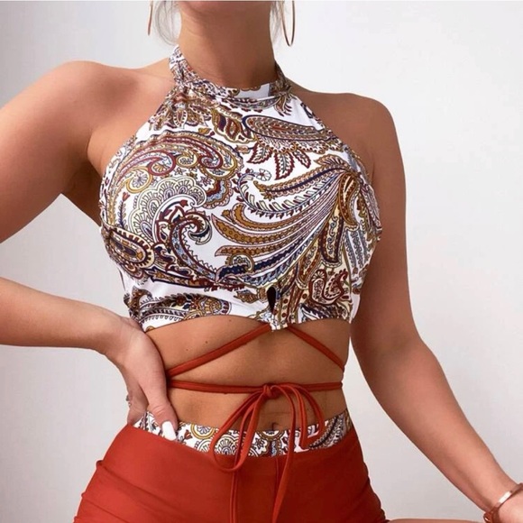 S Bandana Print Bikini Top Halter Swim Bathing Suit Swimsuit White Brown Small - Picture 4 of 5